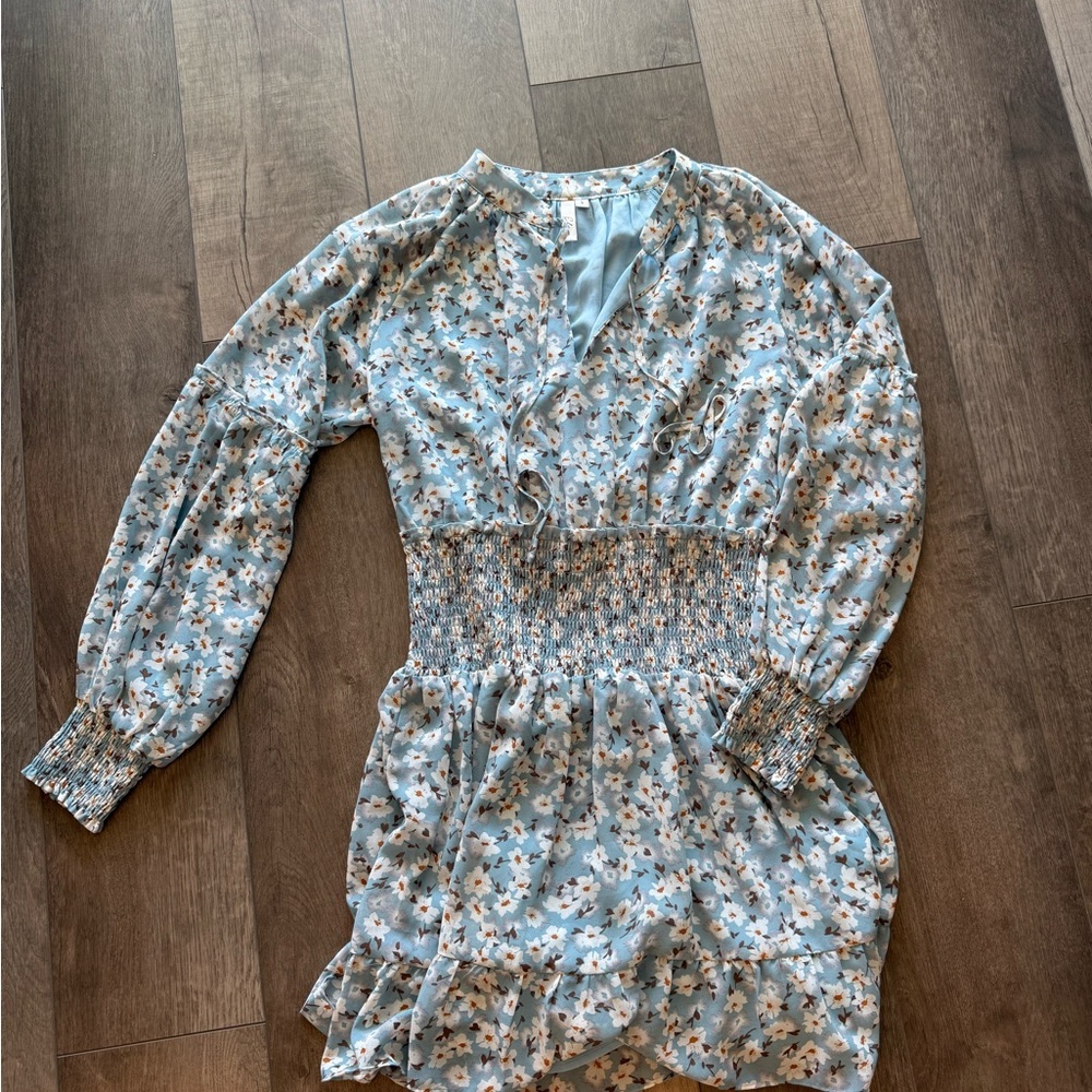 Blue Floral Blouse with White and Brown Accents